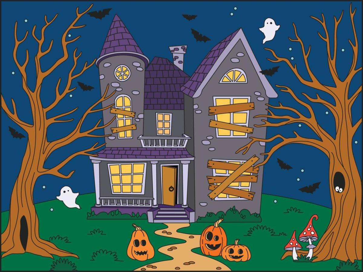 An illustration of a spooky house at night - featuring ghosts and a jack-o-lantern.