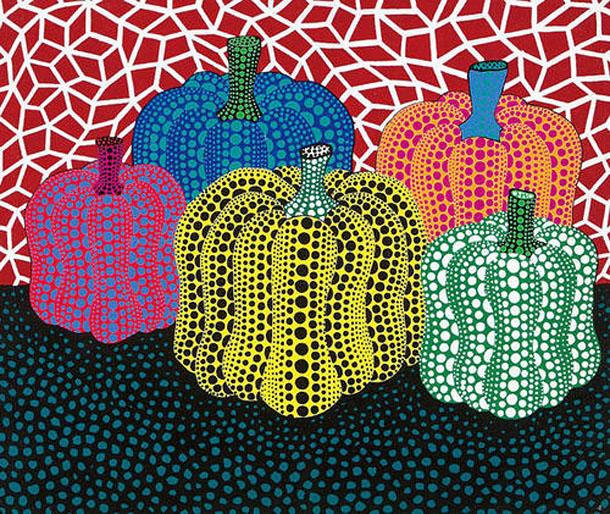 A Yayoi Kusama painting of polka dotted pumpkins. 