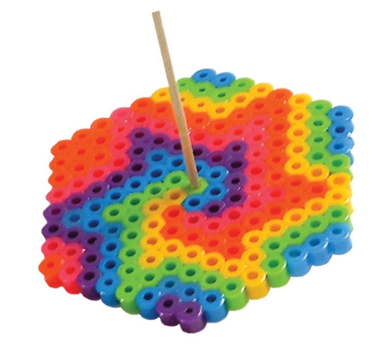 A rainbow spinner made of fused, plastic beads.