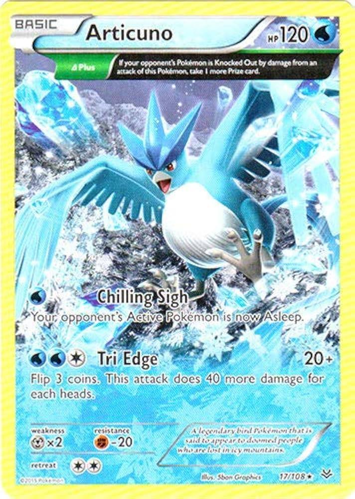 Photo of Articuno Pokemon card. Articuno is an ice blue bird.