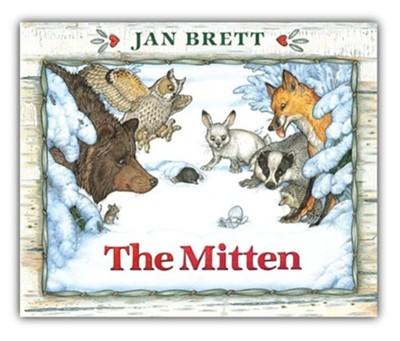 A photo of the cover of the book, The Mitten, by Jan Brett.